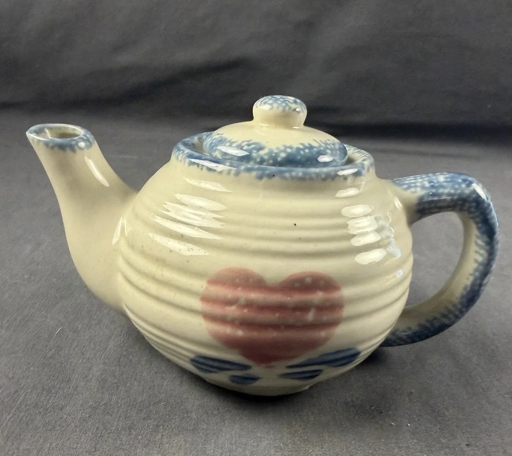 Vintage Hermitage Pottery Stoneware Spongeware Heart Design Small Teapot Cottage